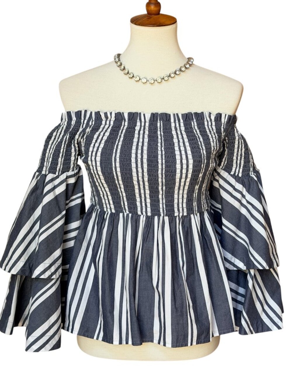 BP Off Shoulder Smocked Bell Sleeve Peplum Crop Top